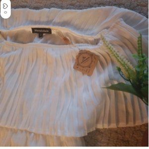 white off shoulder flowy pleated dress